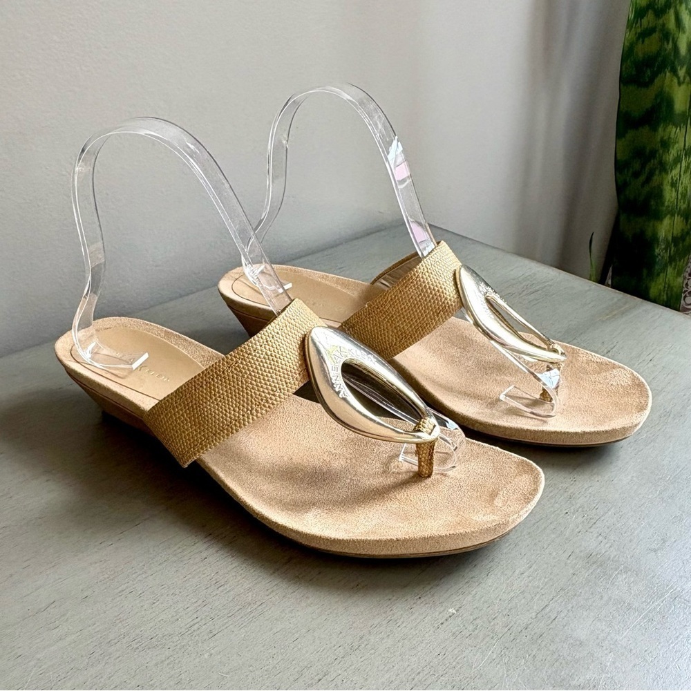 Anne Klein AK Women Tan Wedge Sandal Slide Thong 8 Neutral Gold Circle Summer